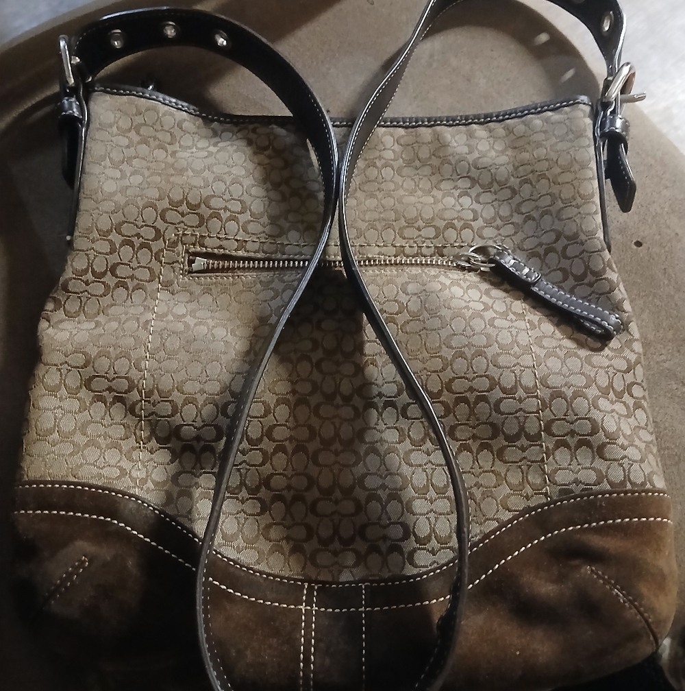 Coach Brown and Tan Signature Shoulder Bag